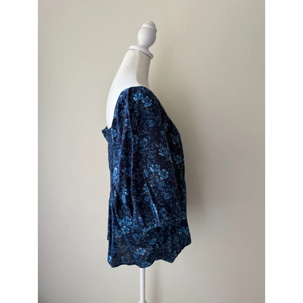 Old Navy Blue Floral Peasant Top 2X Square Neck Smocked Back Cotton Rayon Blouse